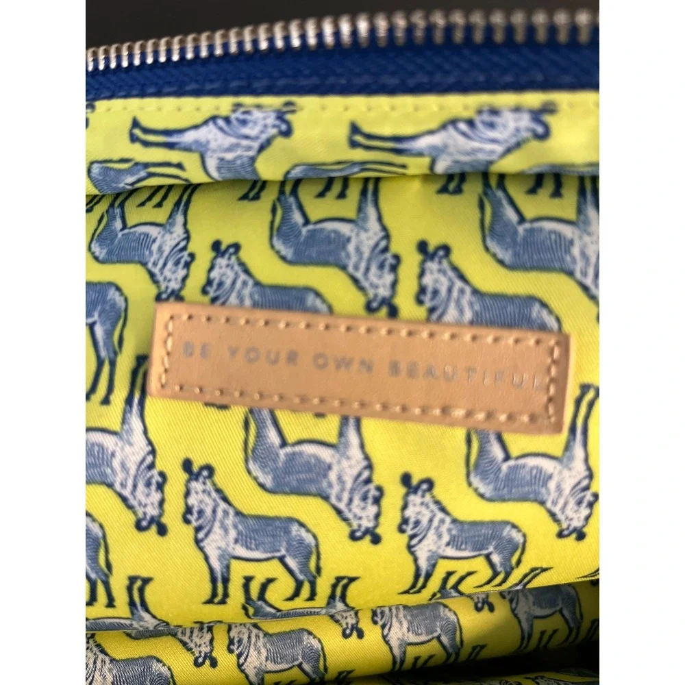 Stella & Dot Blue Ikat Makeup‎ Cord Pouch Travel Bag Yellow Zebra Lining